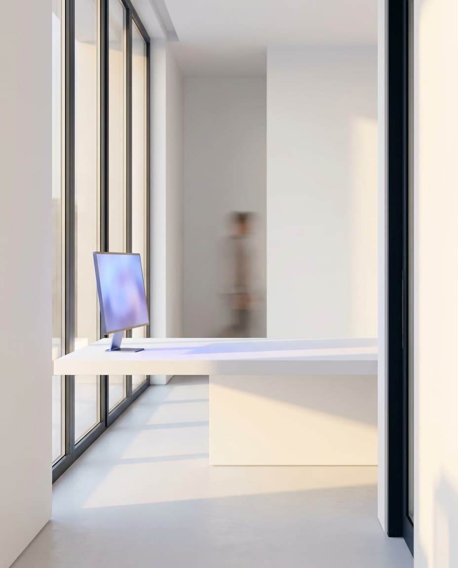 Quiet modern workspace at golden hour